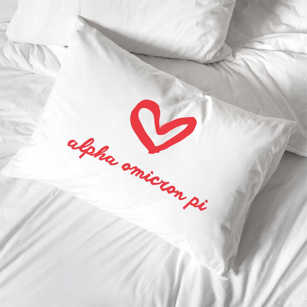 Alpha Omicron Pi Sorority Name with Heart Design on Printed Pillowcase