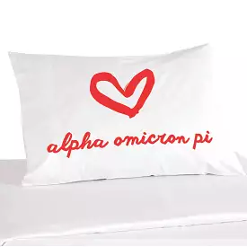 Alpha Omicron Pi Sorority Name with Heart Design on Printed Pillowcase