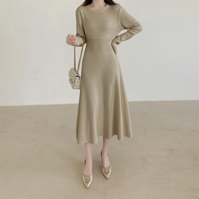 Autumn Winter Sweater Dresses Crew Neck Long Sleeve Casual Midi Dress Solid A Line Ribbed Knitted Dress