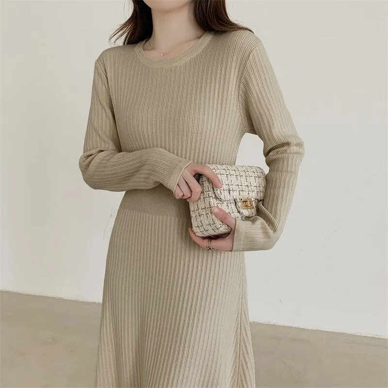 Autumn Winter Sweater Dresses Crew Neck Long Sleeve Casual Midi Dress Solid A Line Ribbed Knitted Dress