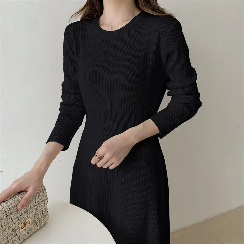 Autumn Winter Sweater Dresses Crew Neck Long Sleeve Casual Midi Dress Solid A Line Ribbed Knitted Dress