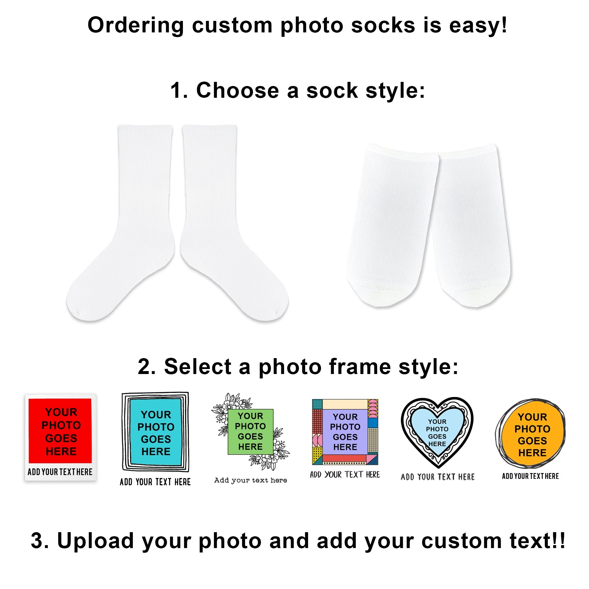 Custom Printed  Framed Photo and Your Text on Socks