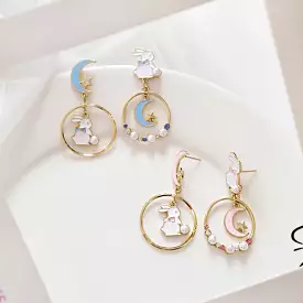 Cute Moon And Rabbit Pearl Beads Earrings Ear Clip AD11901