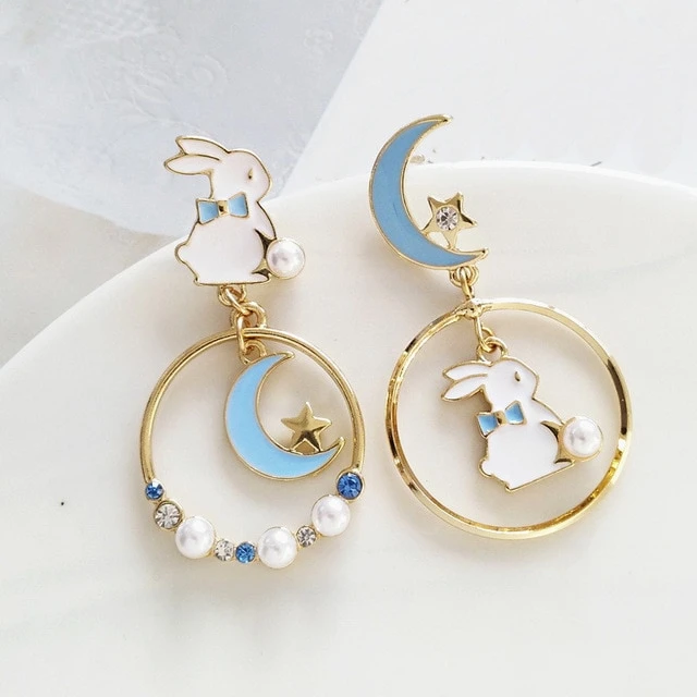 Cute Moon And Rabbit Pearl Beads Earrings Ear Clip AD11901