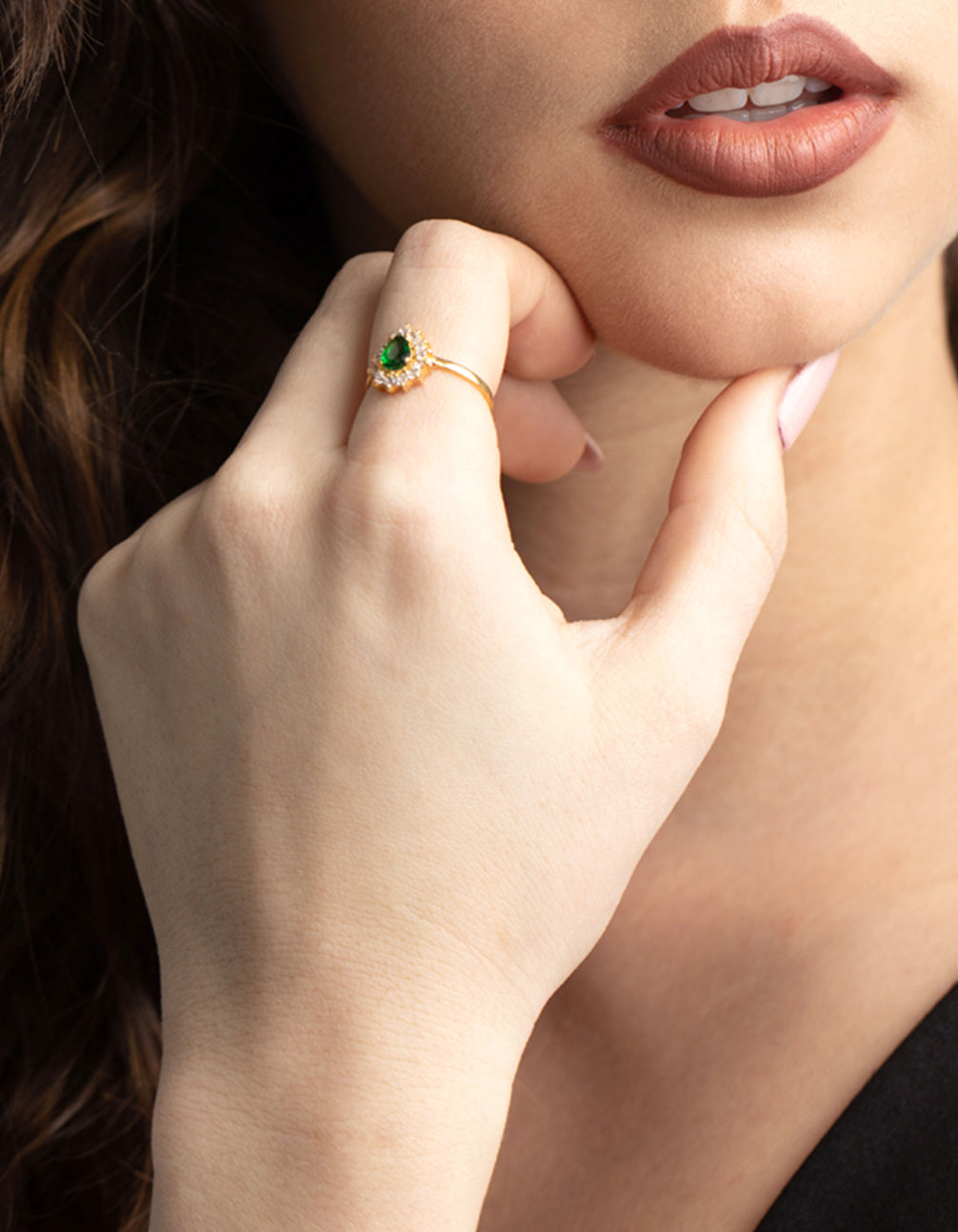 Gold Plated Sterling Silver Green Pear Ring