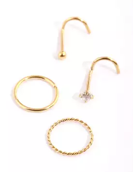 Gold Plated Surgical Steel Diamante Twisted Nose Ring 4-Pack