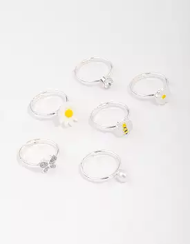 Kids Silver Daisy & Bumble Bee Ring 6-Pack