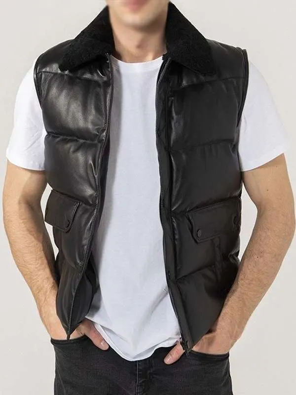 Mens Black Puffer Leather Vest - New American Jackets