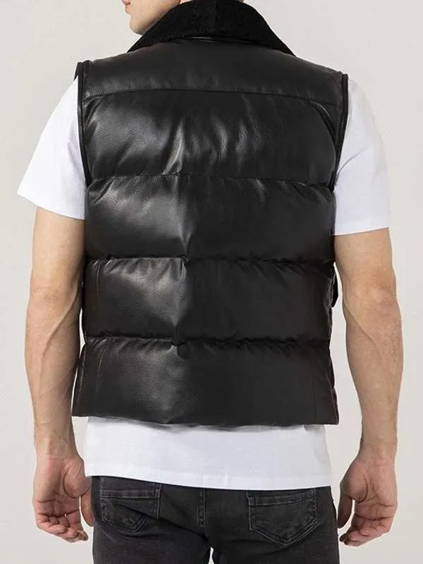 Mens Black Puffer Leather Vest - New American Jackets