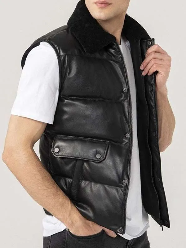 Mens Black Puffer Leather Vest - New American Jackets