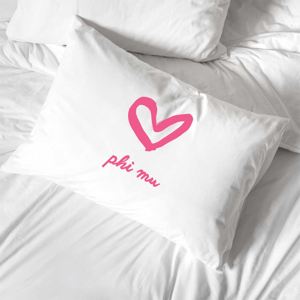 Phi Mu Sorority Name with Heart Design on Printed Pillowcase