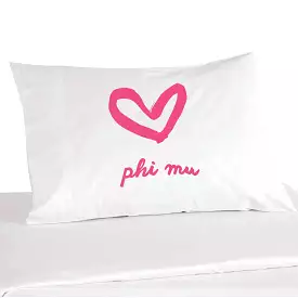 Phi Mu Sorority Name with Heart Design on Printed Pillowcase