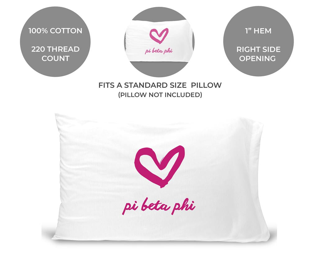 Pi Beta Phi Sorority Name with Heart Design on Printed Pillowcase