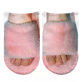 Pink Furry Slippers Printed on No Show Socks for Her