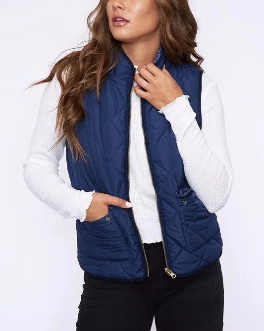 Reversible Sherpa Fleece Lined Quilted Puffer Vest - Navy