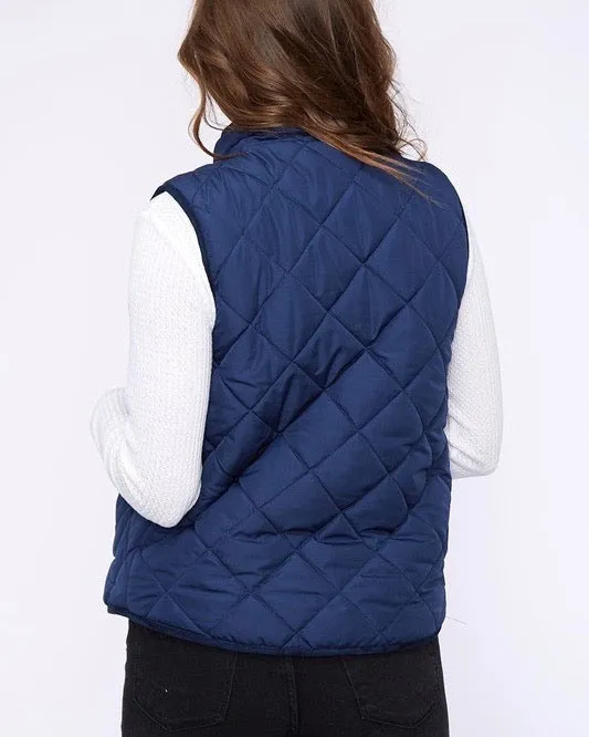 Reversible Sherpa Fleece Lined Quilted Puffer Vest - Navy