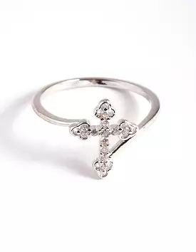 Rhodium Cubic Zirconia Cross Ring