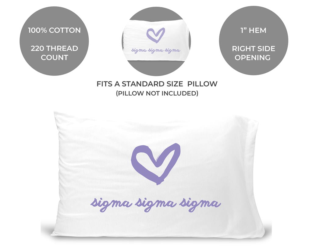 Sigma Sigma Sigma Sorority Name with Heart Design on Printed Pillowcase