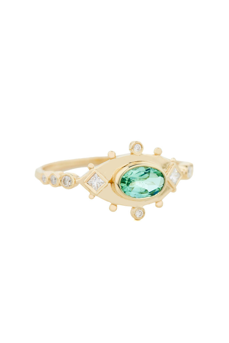 Turquoise Tourmaline & Diamonds Eye Ring - 14k Yellow Gold