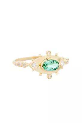 Turquoise Tourmaline & Diamonds Eye Ring - 14k Yellow Gold