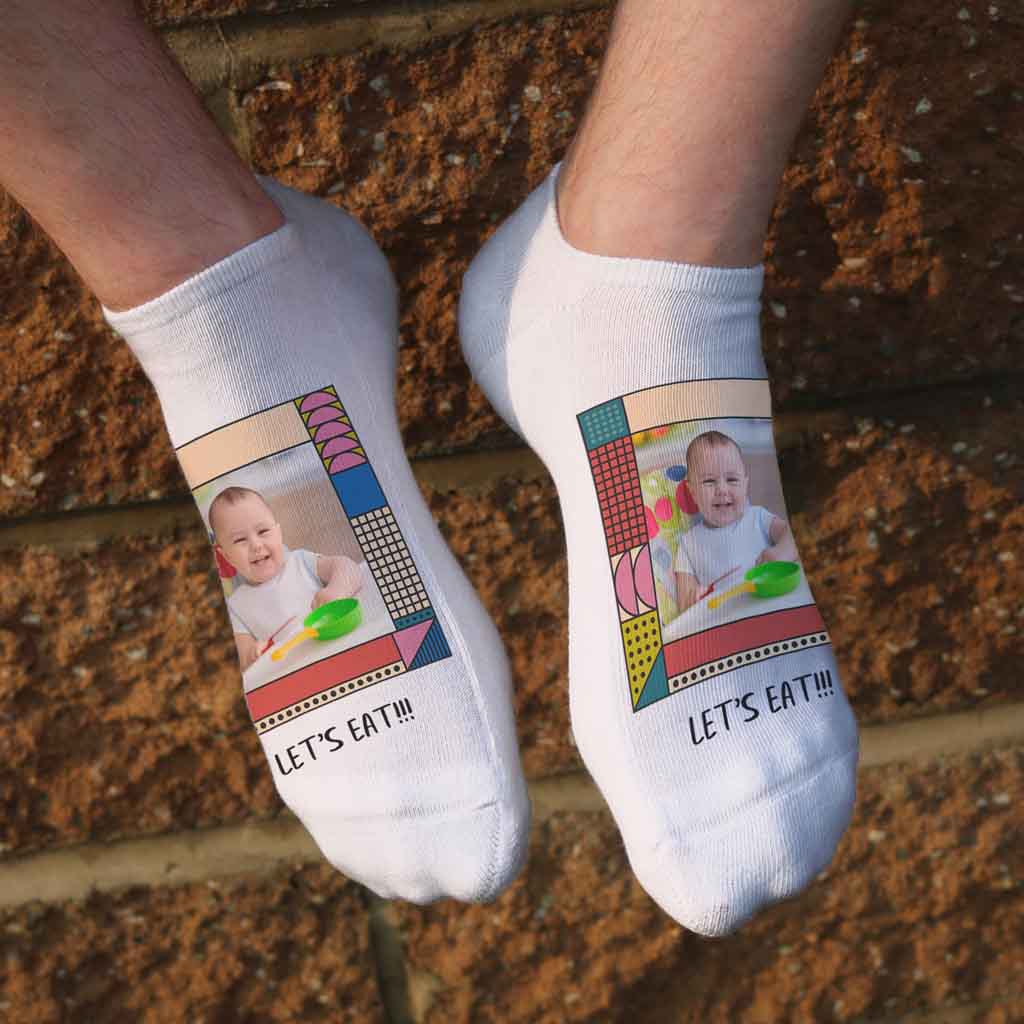 Your Photo and Text on No Show Socks in Colorful Frame