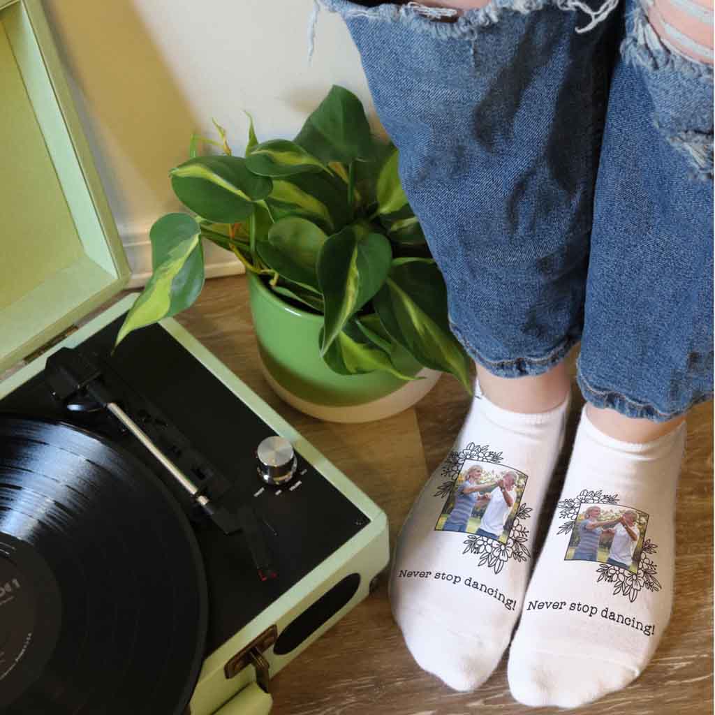 Your Photo and Text on No Show Socks in Floral Frame