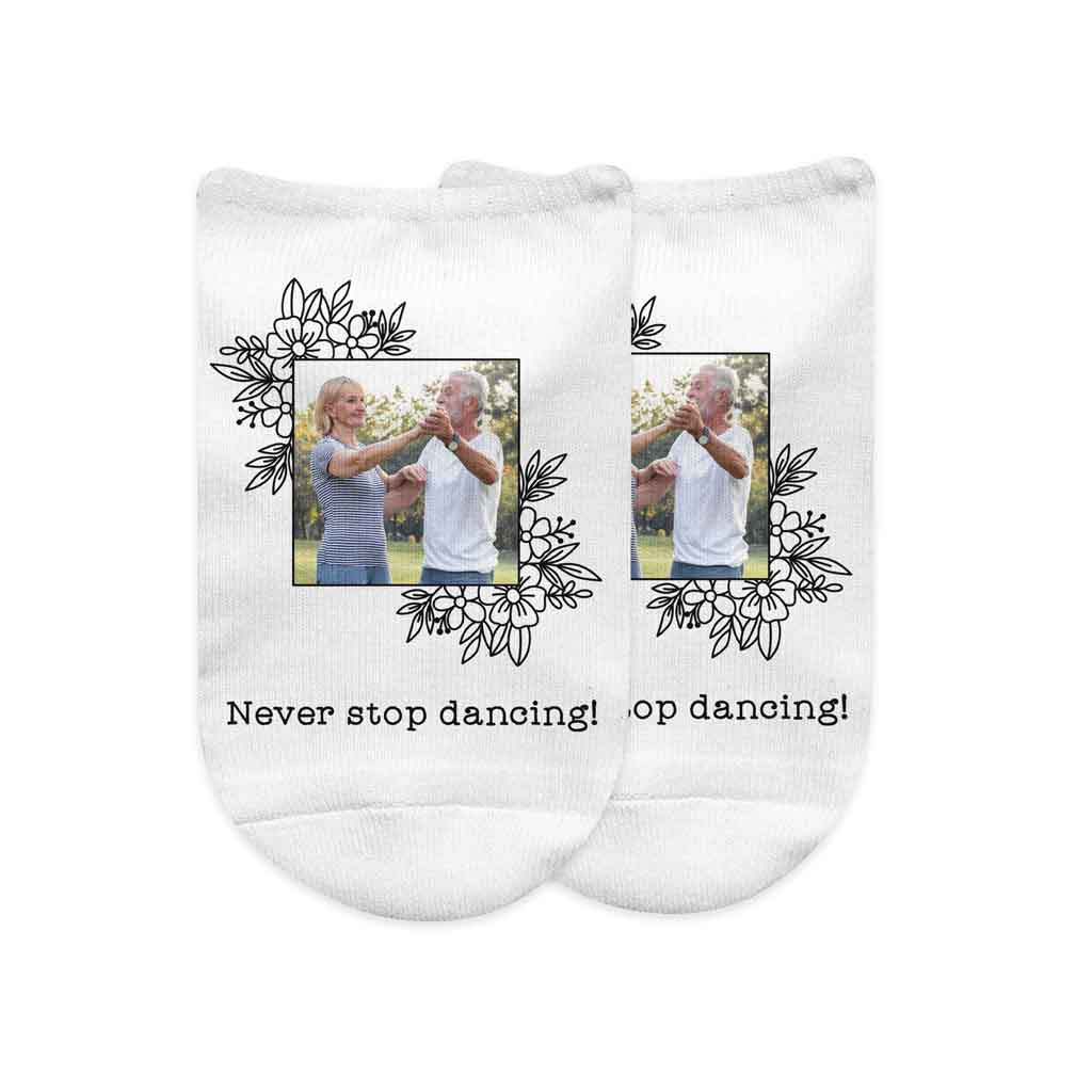 Your Photo and Text on No Show Socks in Floral Frame