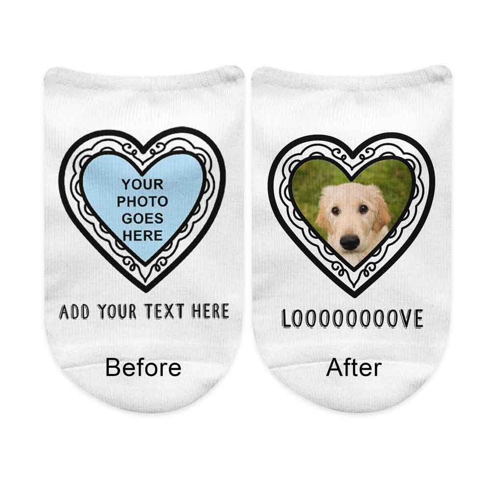 Your Photo and Text on No Show Socks in Heart Frame