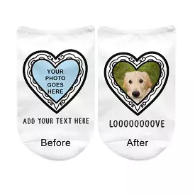 Your Photo and Text on No Show Socks in Heart Frame