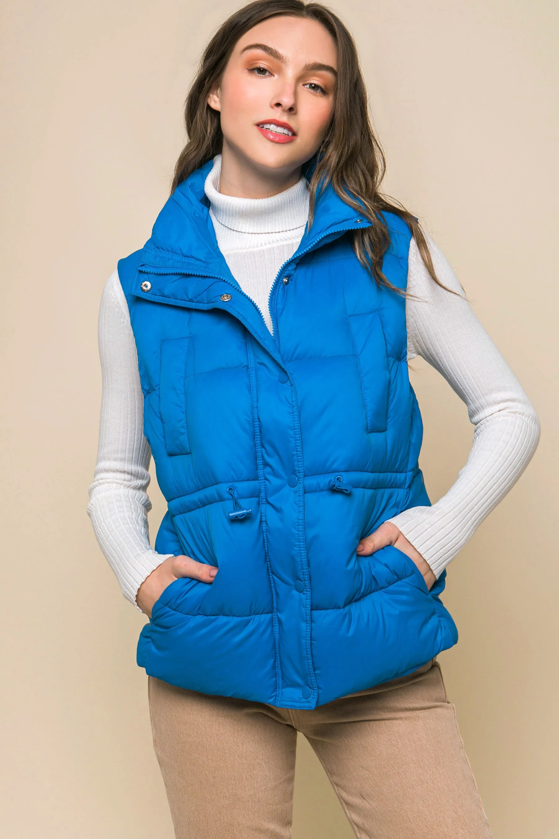 Zip Up Button Puffer Vest With Waist Toggles (5 Colors)