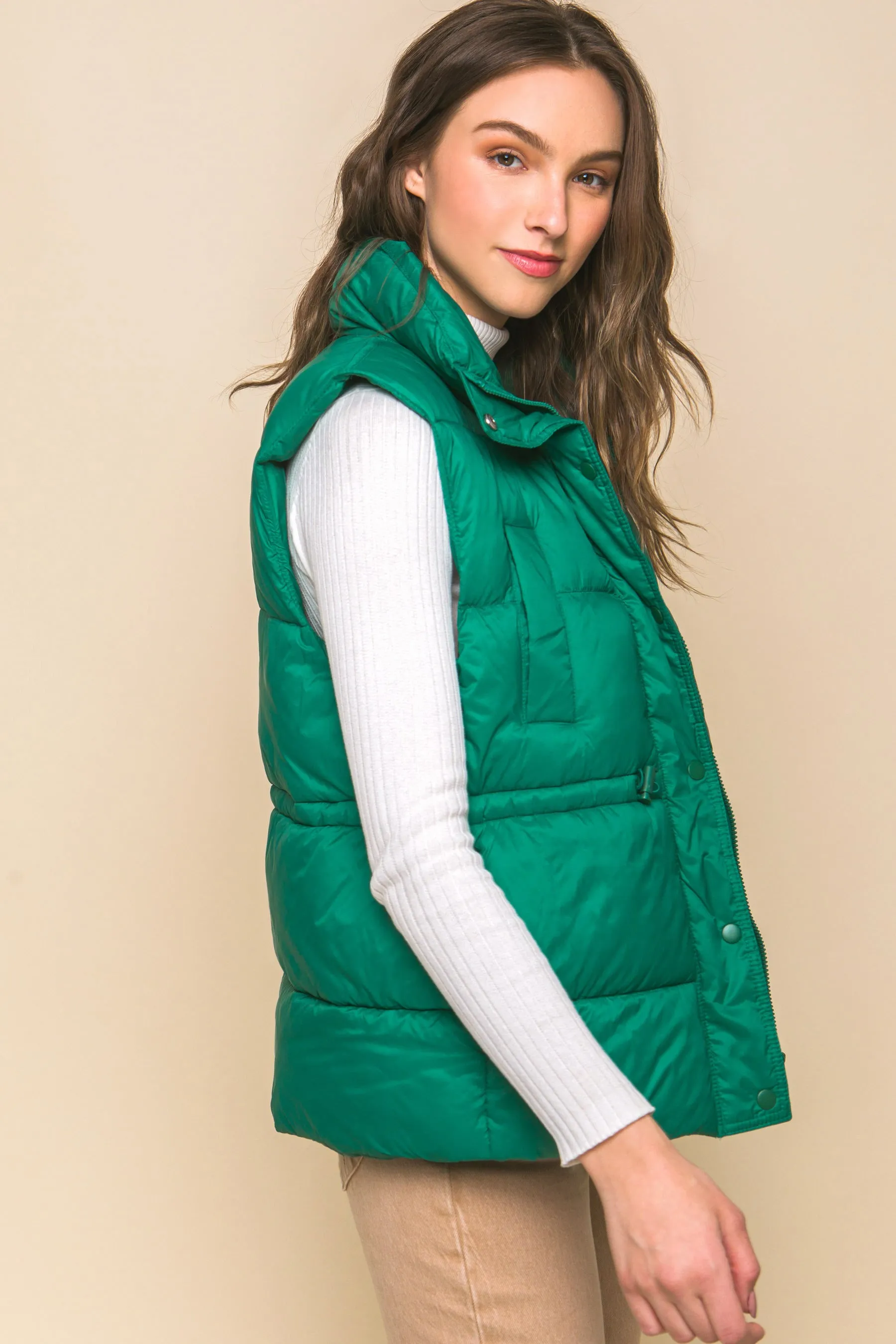 Zip Up Button Puffer Vest With Waist Toggles (5 Colors)