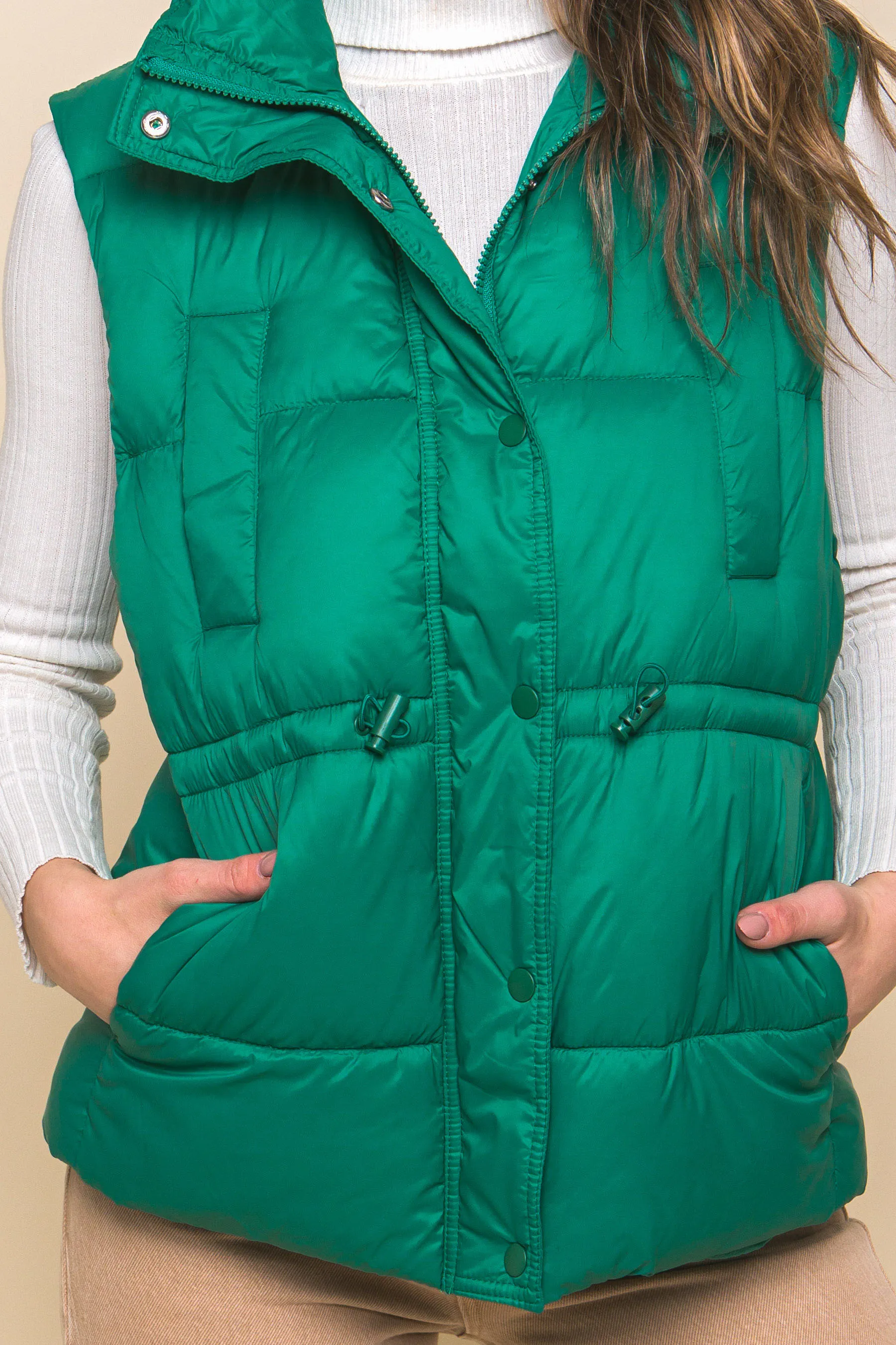 Zip Up Button Puffer Vest With Waist Toggles (5 Colors)