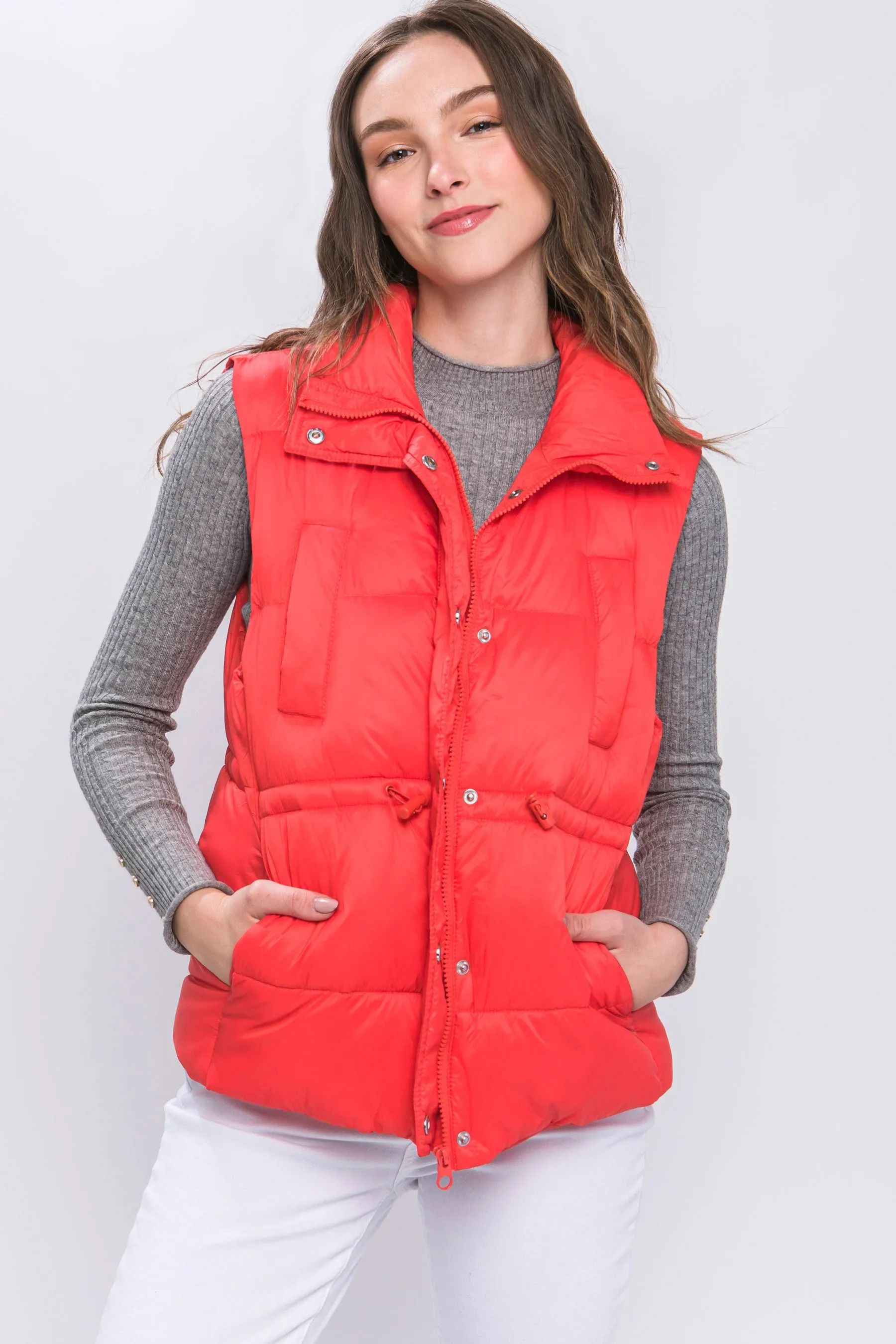 Zip Up Button Puffer Vest With Waist Toggles (5 Colors)