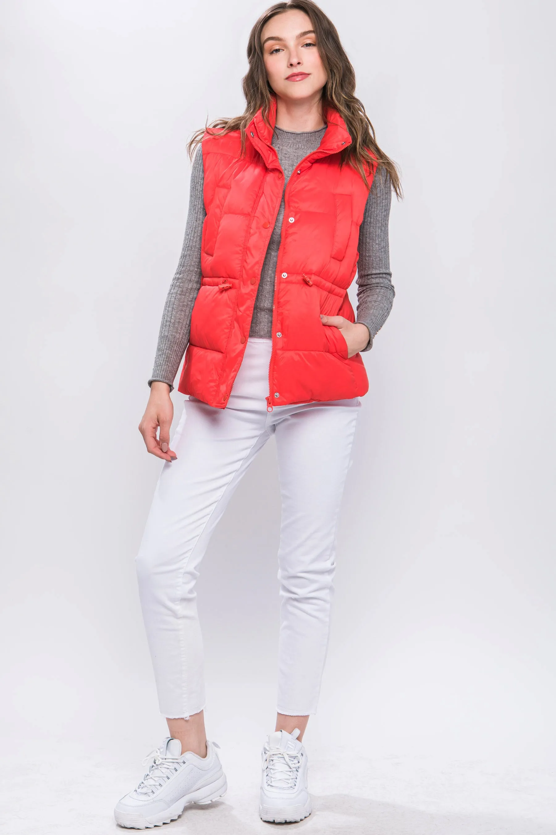 Zip Up Button Puffer Vest With Waist Toggles (5 Colors)