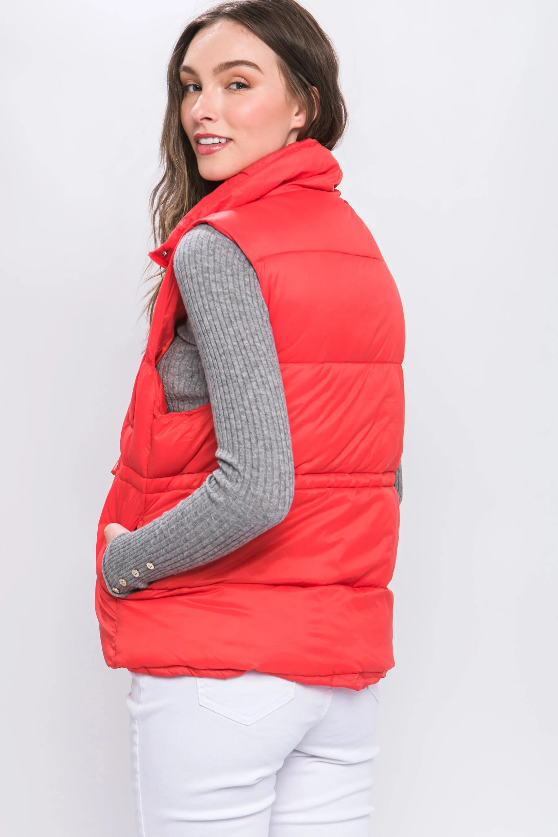 Zip Up Button Puffer Vest With Waist Toggles (5 Colors)