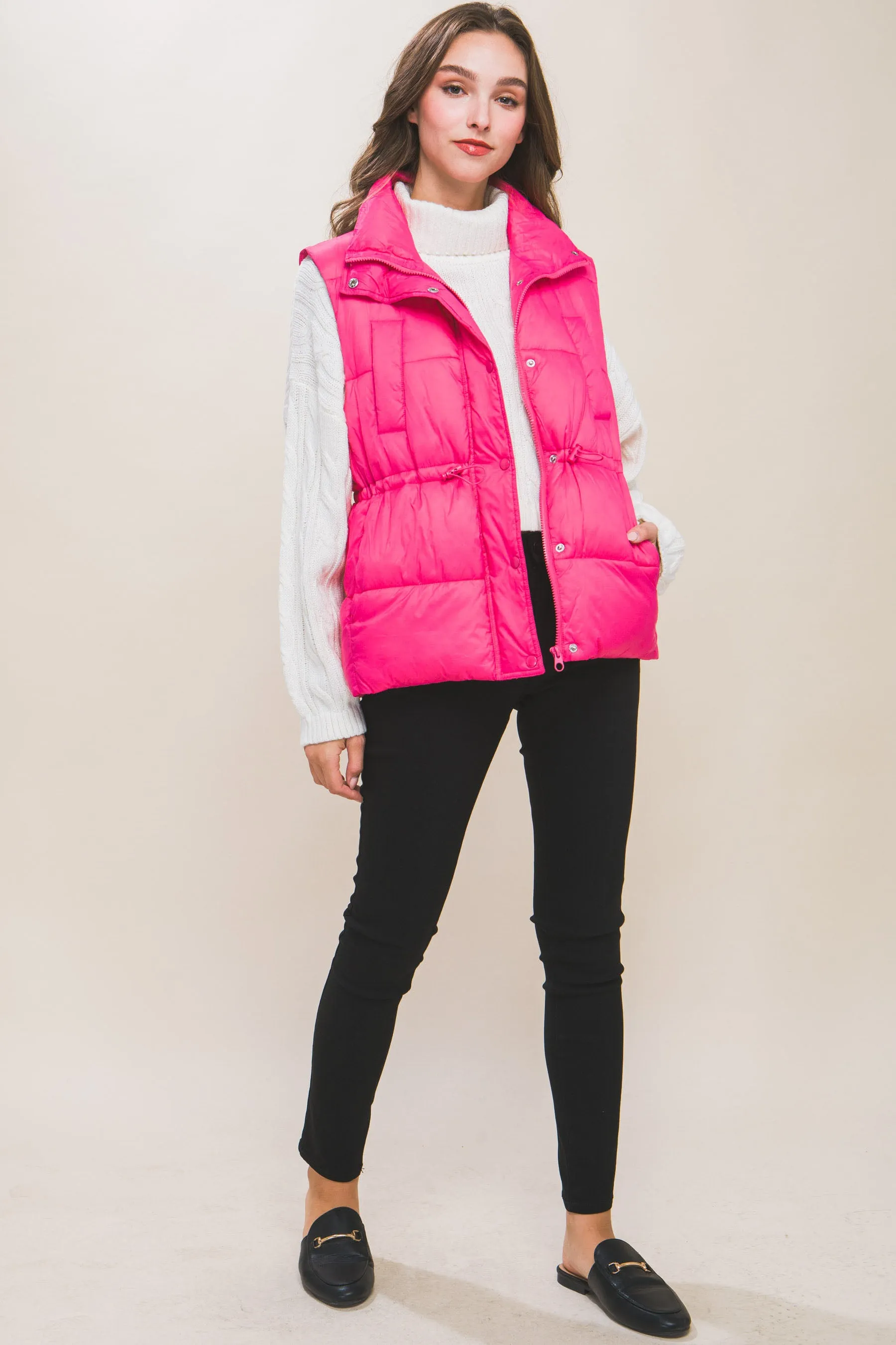 Zip Up Button Puffer Vest With Waist Toggles (5 Colors)