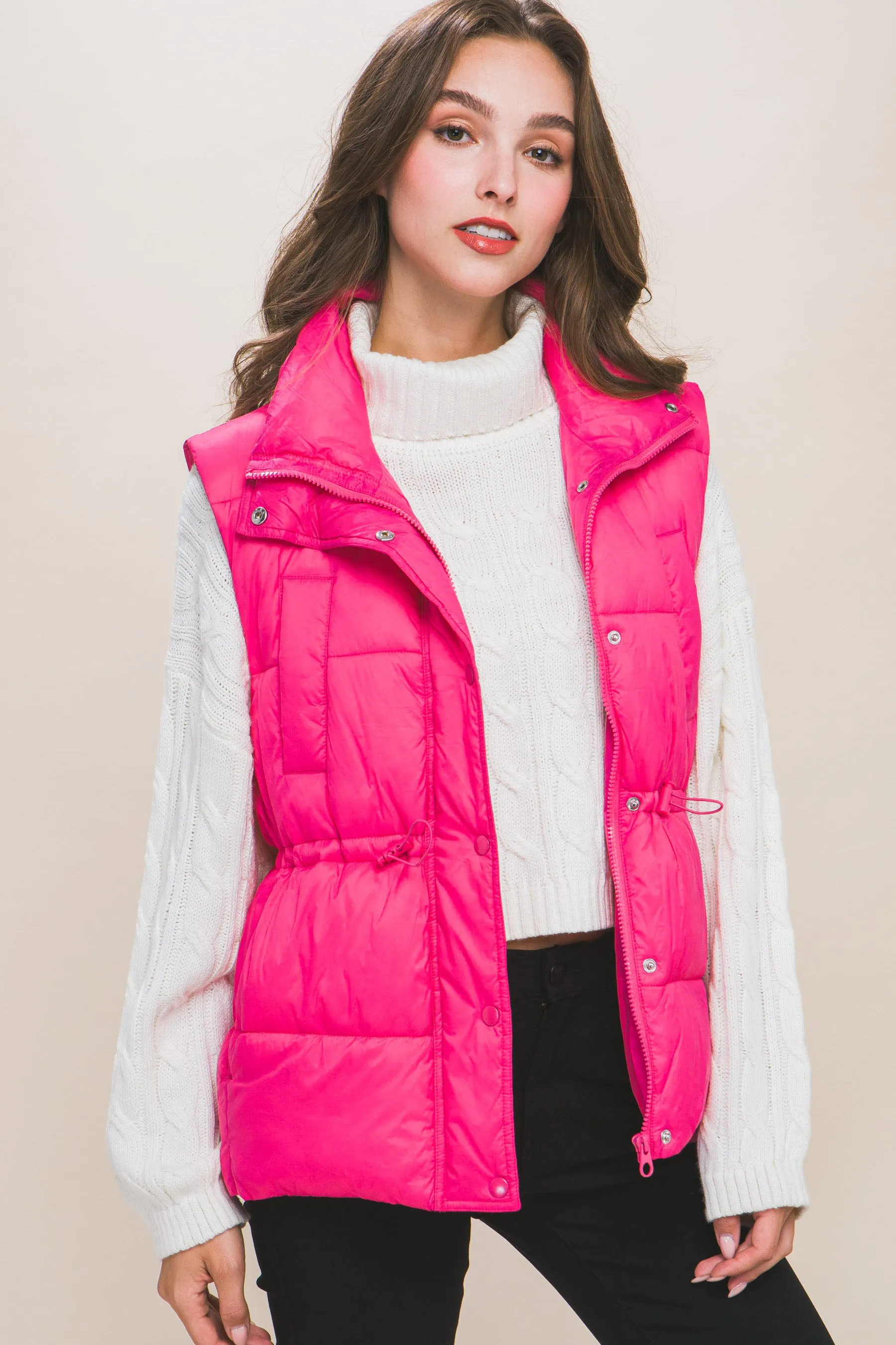 Zip Up Button Puffer Vest With Waist Toggles (5 Colors)