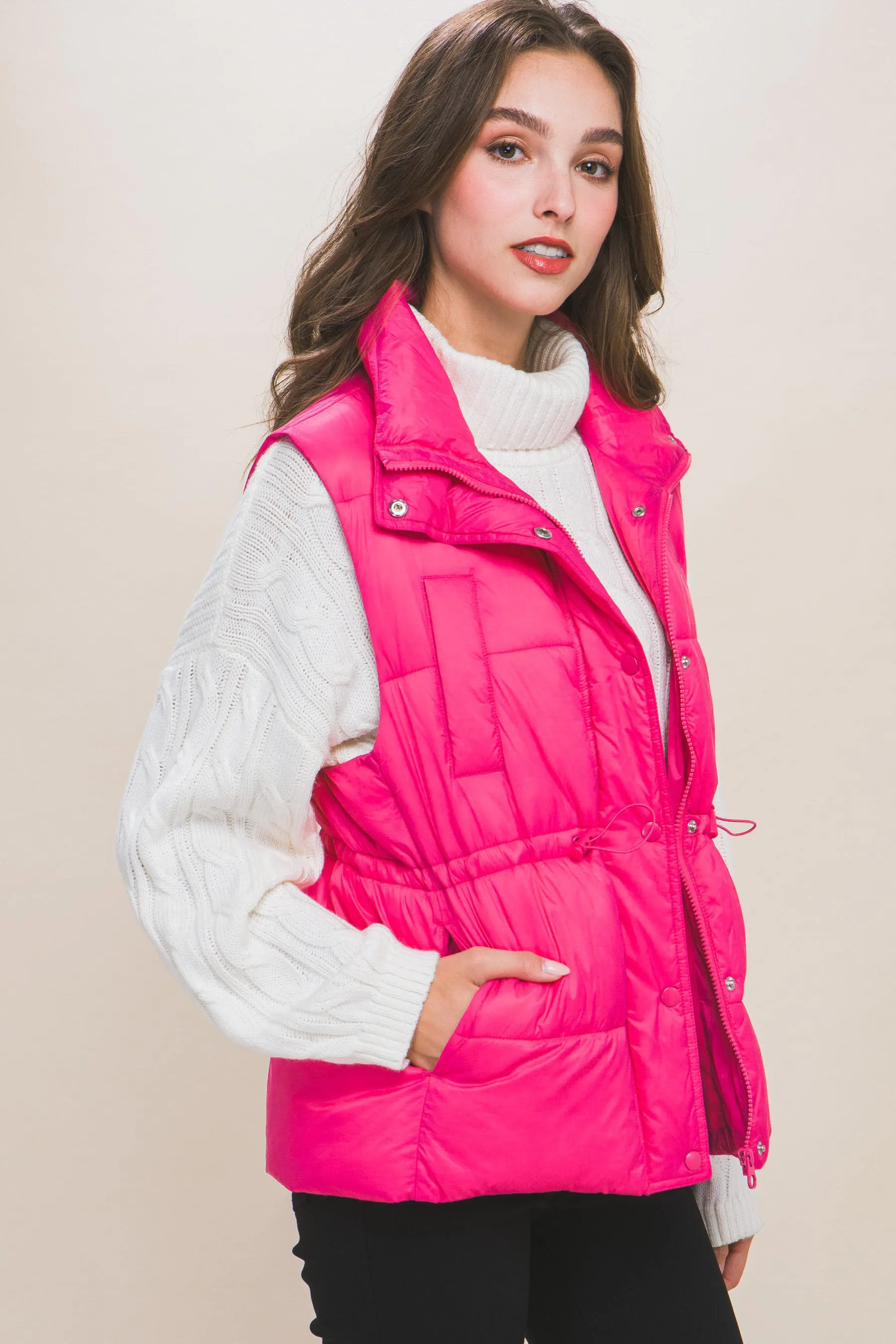 Zip Up Button Puffer Vest With Waist Toggles (5 Colors)