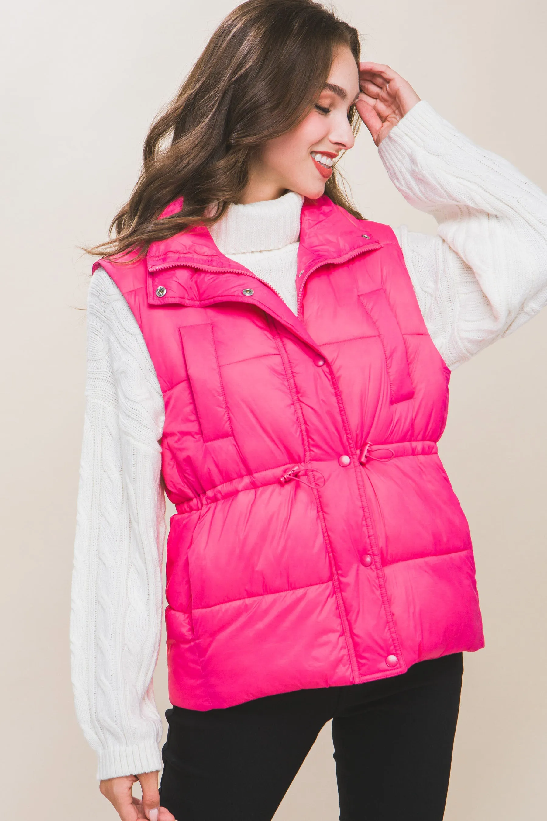 Zip Up Button Puffer Vest With Waist Toggles (5 Colors)