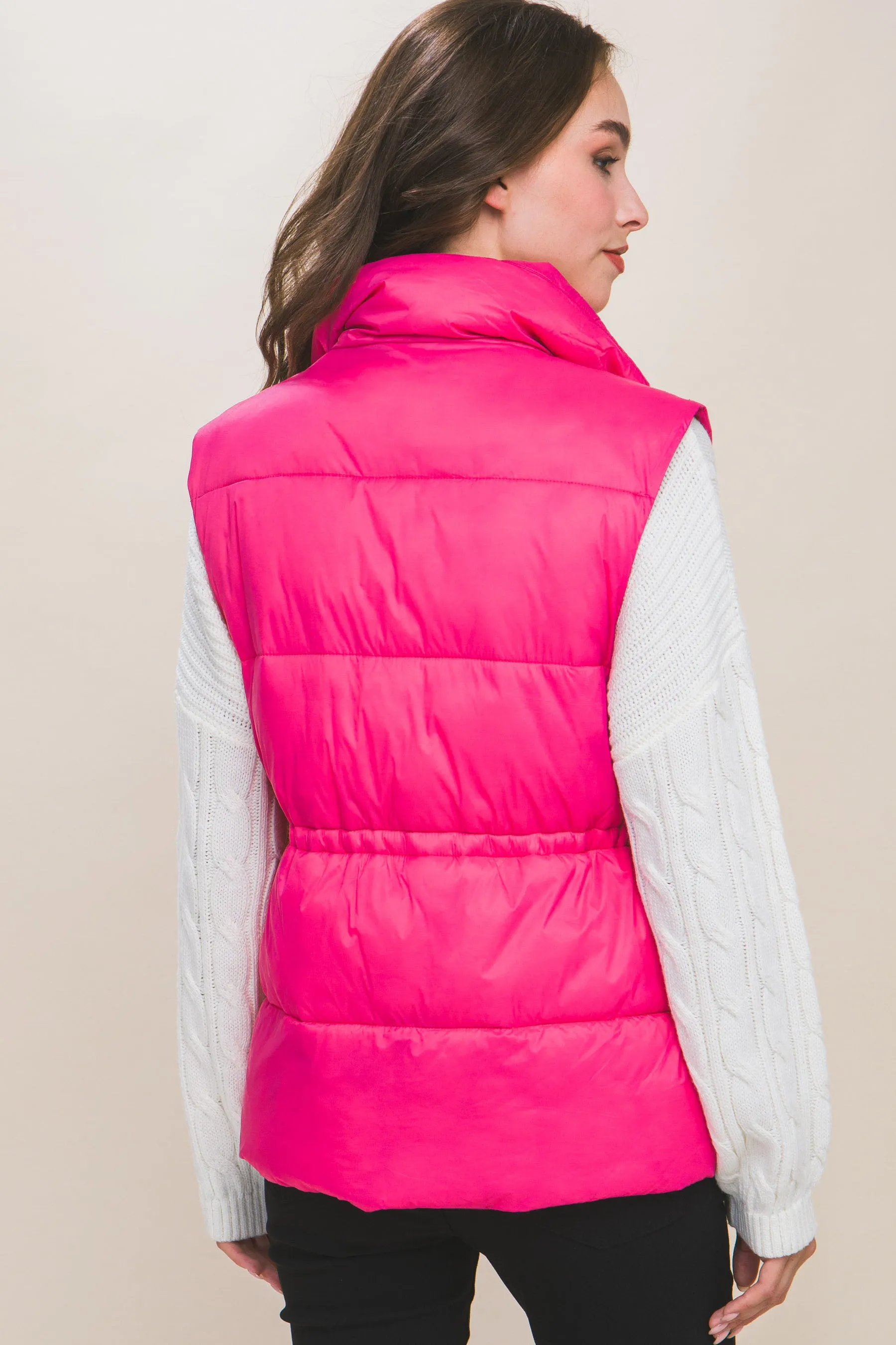 Zip Up Button Puffer Vest With Waist Toggles (5 Colors)