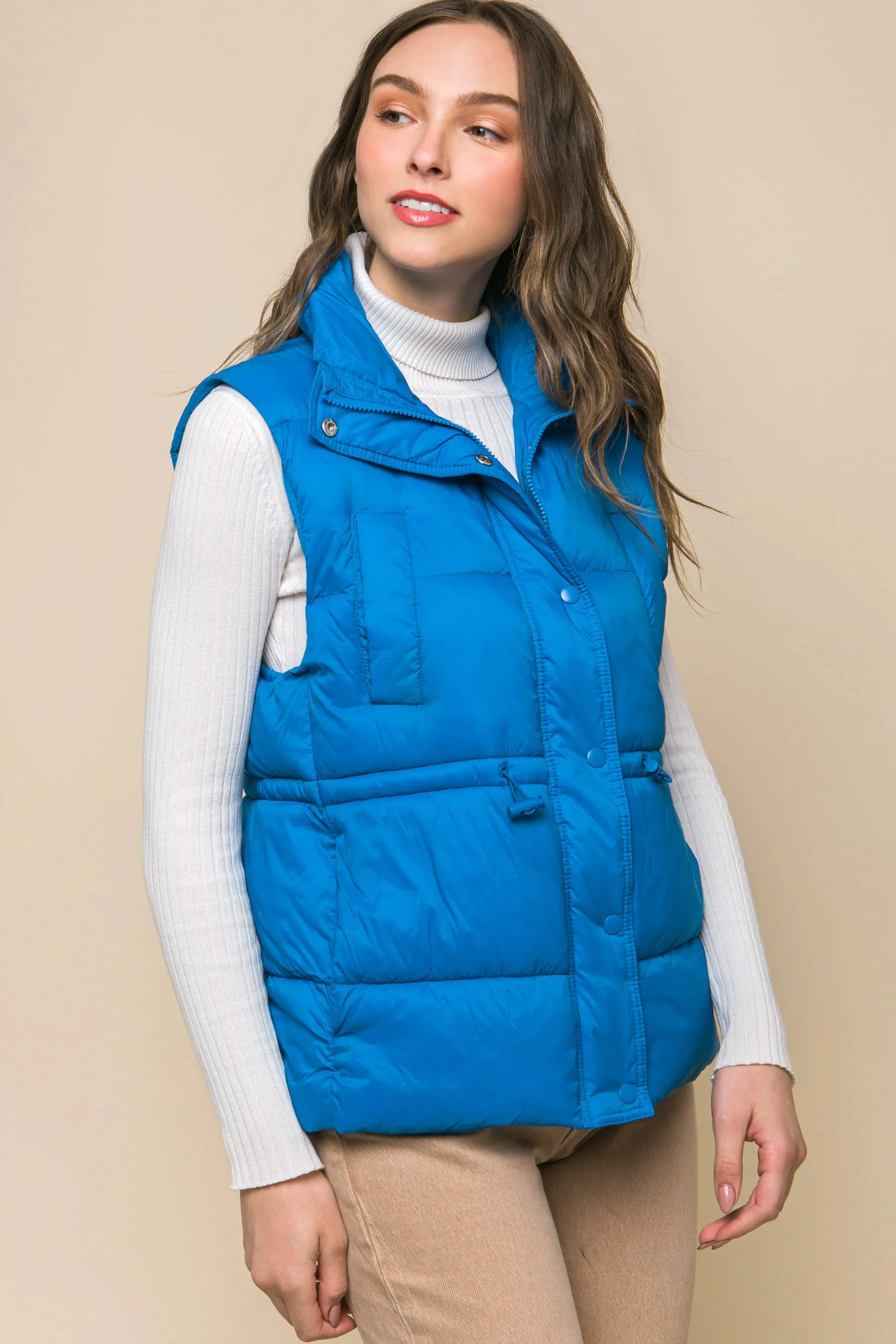 Zip Up Button Puffer Vest With Waist Toggles (5 Colors)