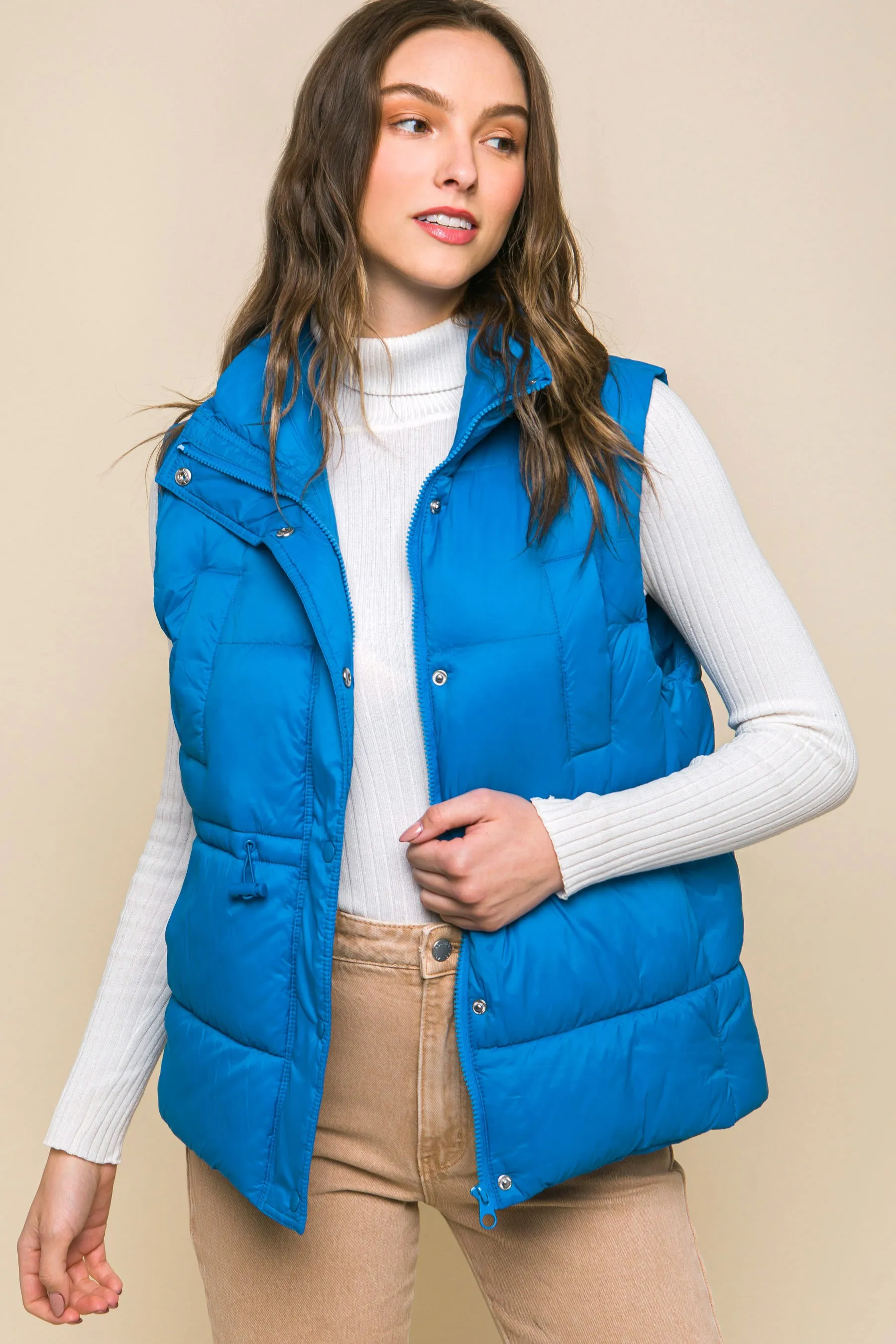 Zip Up Button Puffer Vest With Waist Toggles (5 Colors)