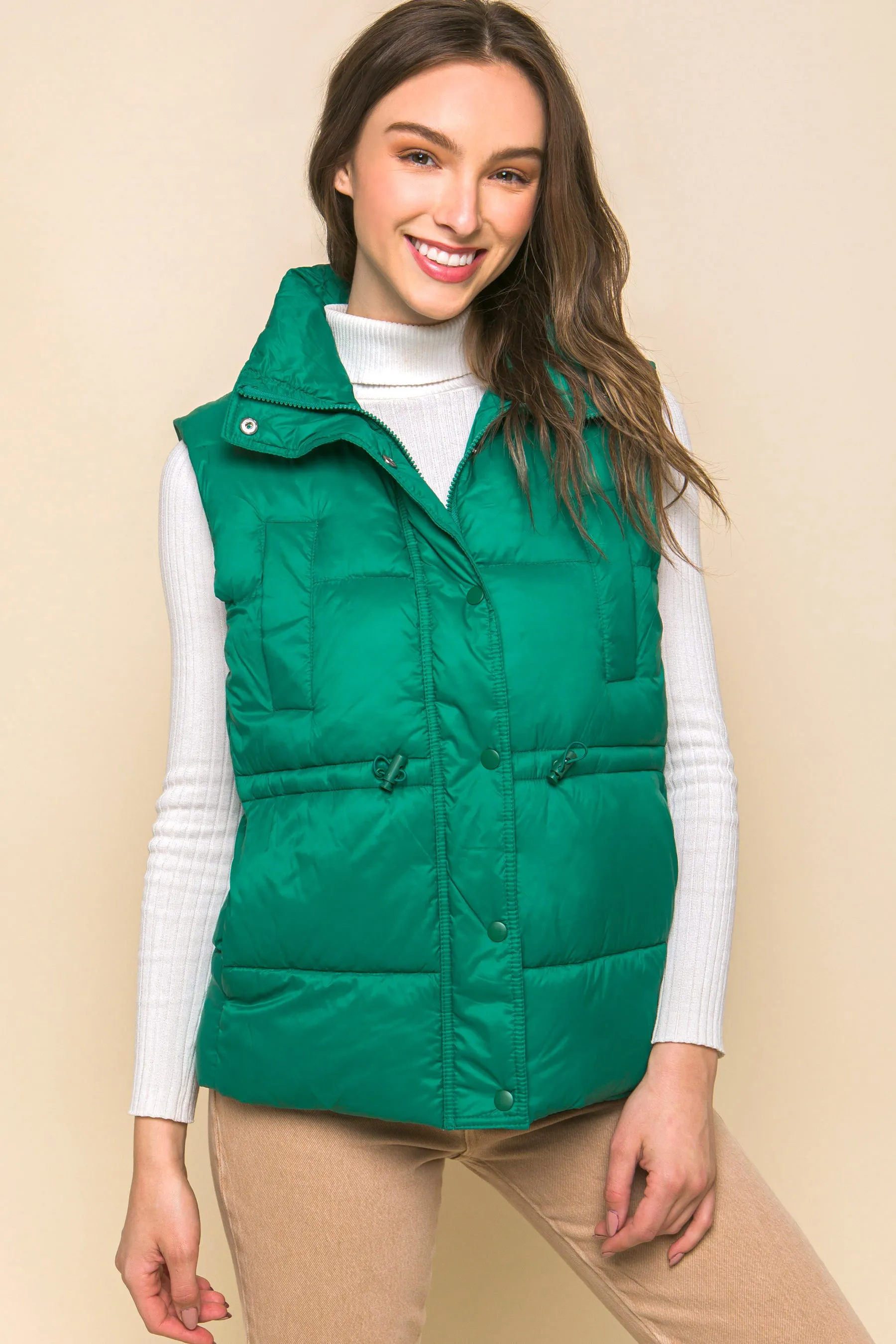 Zip Up Button Puffer Vest With Waist Toggles (5 Colors)